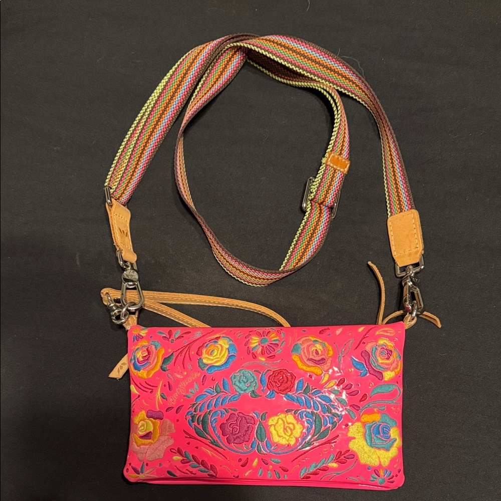 Consuela Pink Multicolor Floral Crossbody with Striped Strap